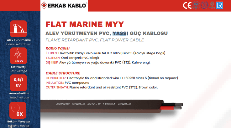 2X1,00 Mm2 Yassi Myy Flex 0,6/1 Kv Kablo Tcu